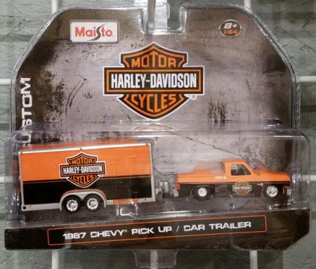 Harley-Davidson Custom - 1987 Chevrolet Pick Up with Car Trailer (Orange/Black) - (MiJo Exclusive)
