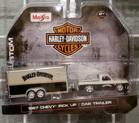 Harley-Davidson Custom - 1987 Chevrolet Pick Up with Car Trailer (Silver/Black) - (MiJo Exclusive)